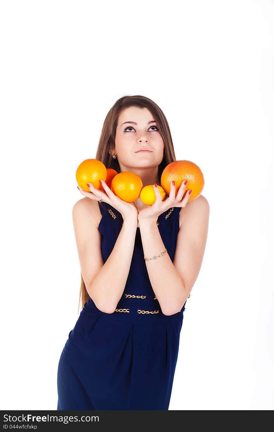 Pretty woman with straight hair with fruits