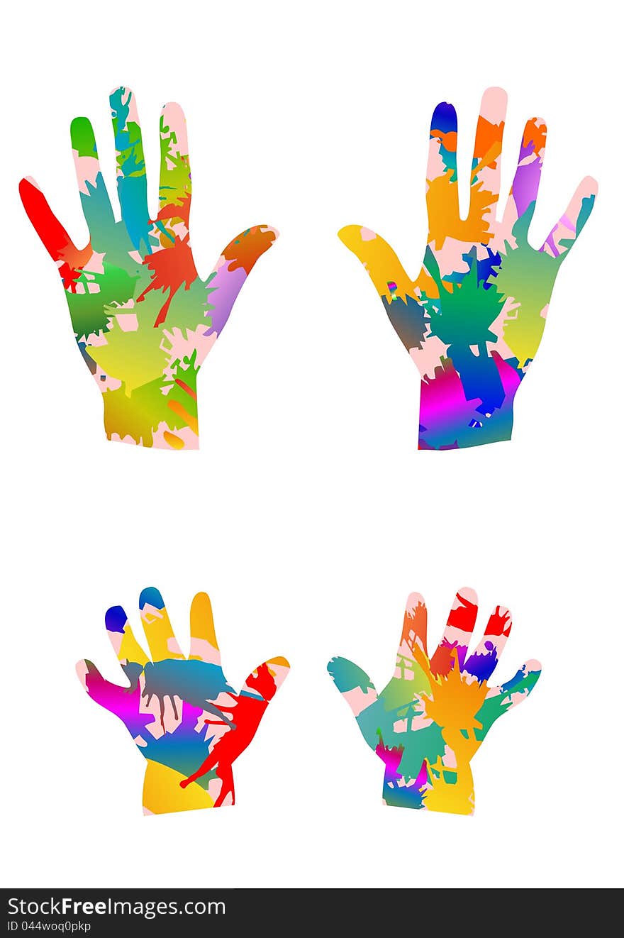 Colored hands, child and adult