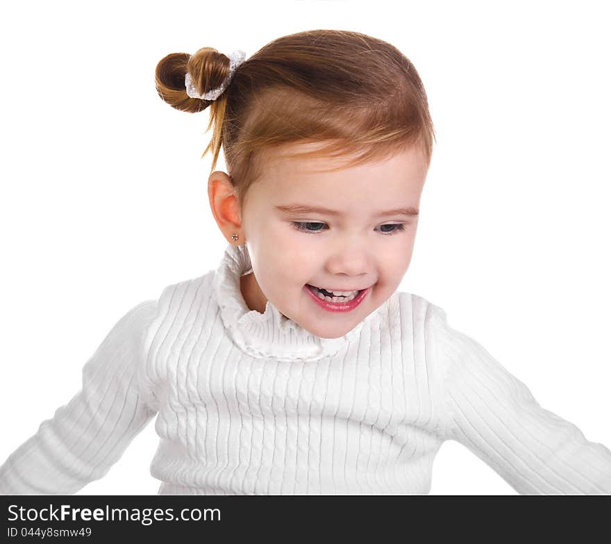 Portrait of happy little girl on a white