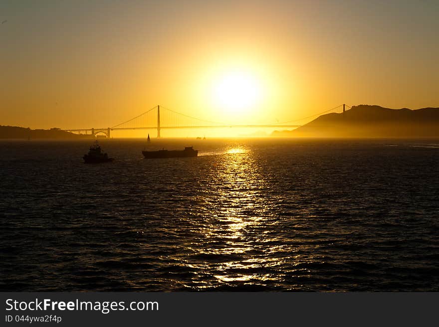 Sunset over golden gate bridge in san francisco, america