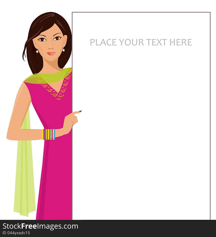 An illustration of a indian girl holding blank sign. An illustration of a indian girl holding blank sign.