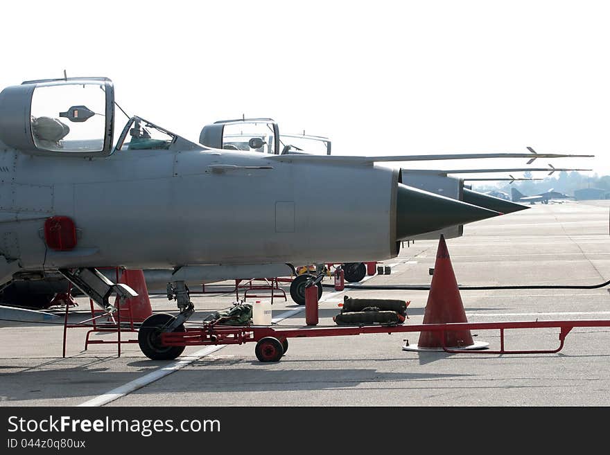 Russian Mig 21 fighter plane with an open cockpit. Russian Mig 21 fighter plane with an open cockpit