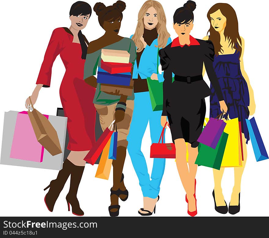 Five different women with shopping on a white background