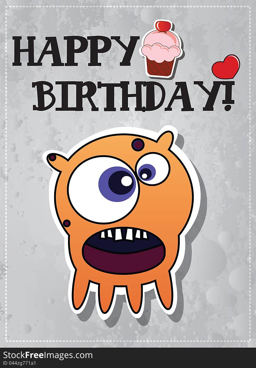 Birthday card with cute monsters and heart