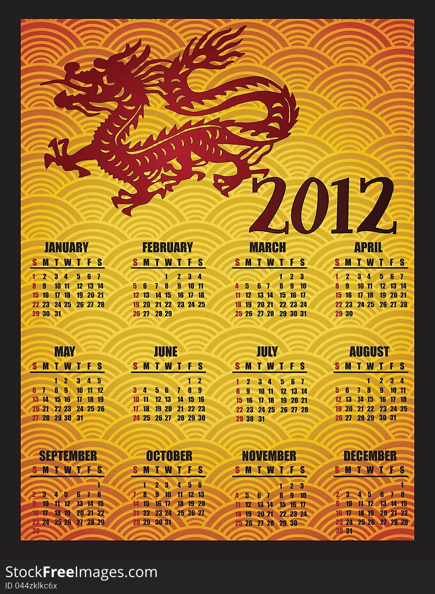 2012 calendar with traditional Asian dragon. 2012 calendar with traditional Asian dragon