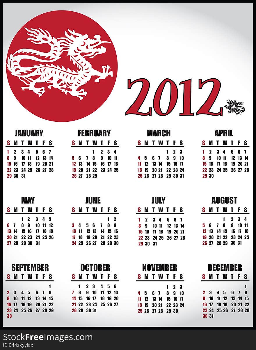 2012 calendar with traditional Asian dragon. 2012 calendar with traditional Asian dragon