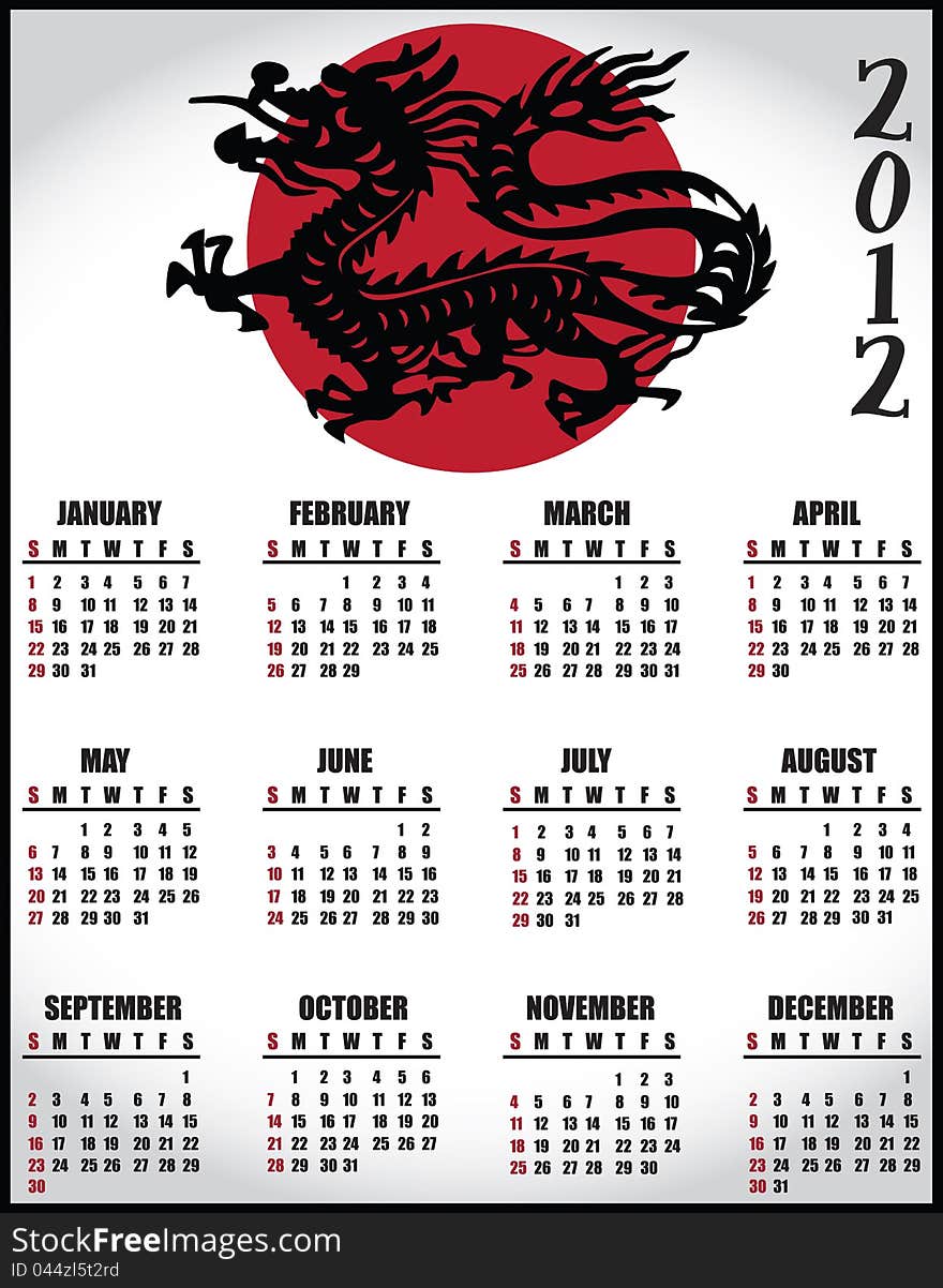 2012 calendar with traditional Asian dragon. 2012 calendar with traditional Asian dragon