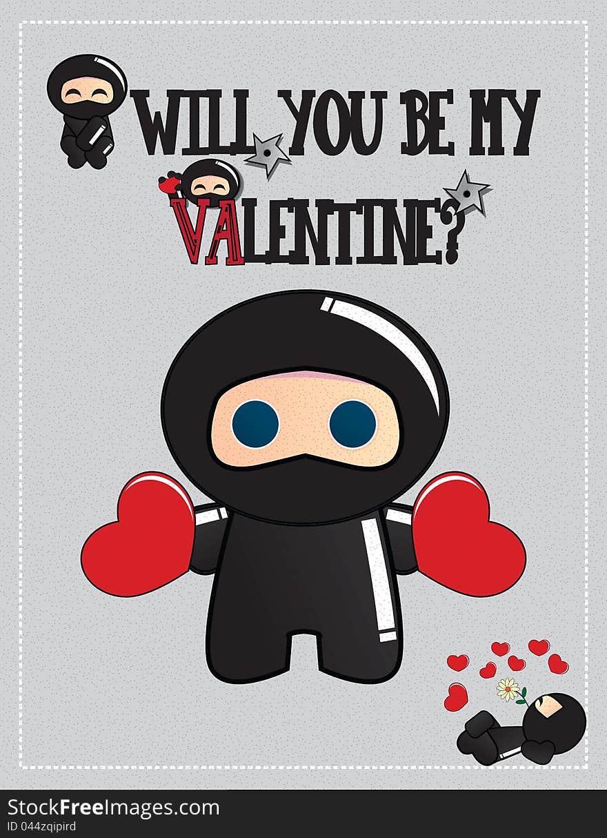 Ninja Valentine's day card, with cute ninja. Ninja Valentine's day card, with cute ninja