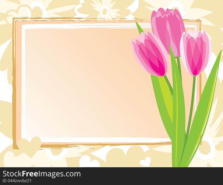 Festive card with pink tulips. Vector illustration.