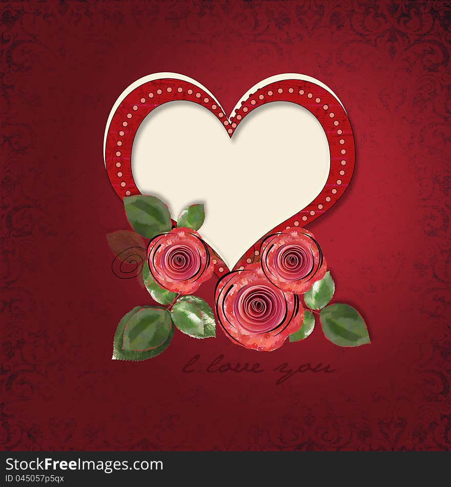 Greeting card with heart and roses