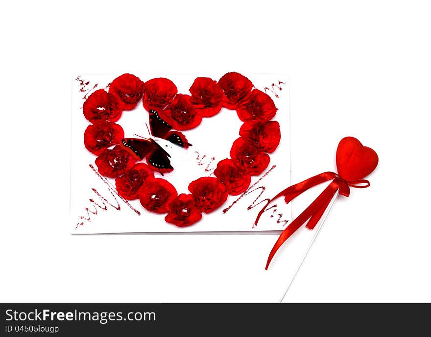 Red heart and a postcard with butterfly for st. Valentine's day isolated on white. Red heart and a postcard with butterfly for st. Valentine's day isolated on white