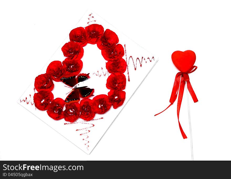 Red heart and a postcard with butterfly for st. Valentine's day isolated on white background. Red heart and a postcard with butterfly for st. Valentine's day isolated on white background