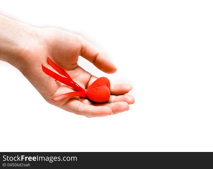 Female's  hand holding a red heart. Female's  hand holding a red heart