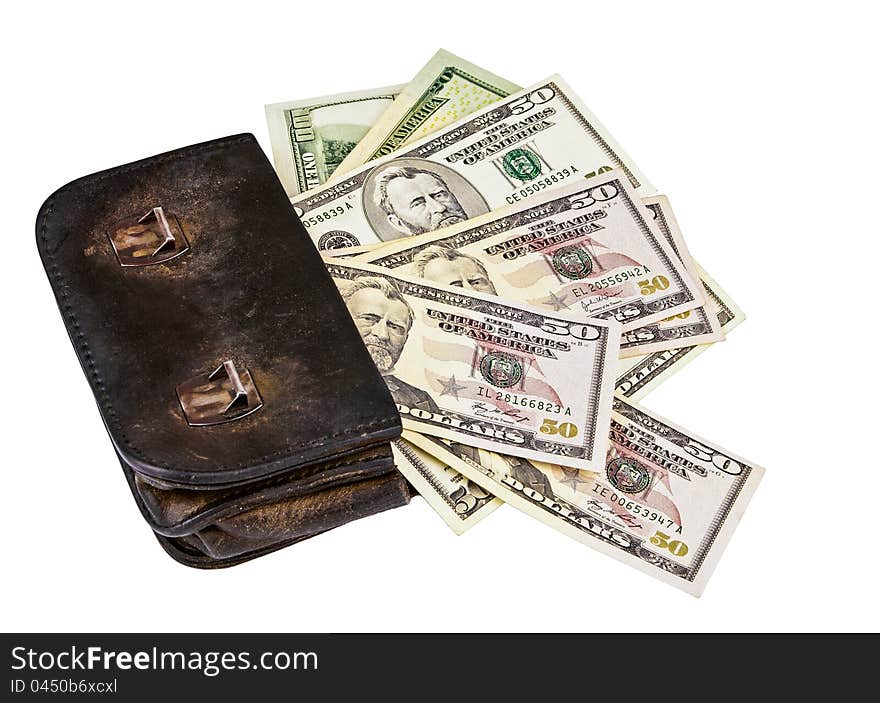 Old wallet with american dollars isolated on the white background. Old wallet with american dollars isolated on the white background