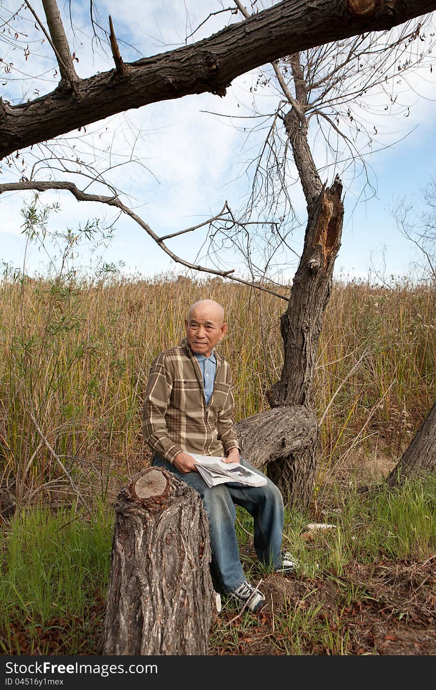 Senior man sitting on a tree with newpaper in a park