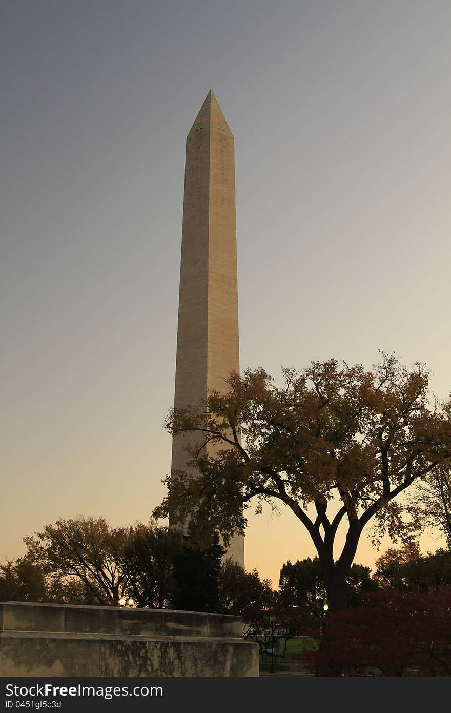 This is a view of the Washington Monument from the bridge of the Tidal Basin just after sunrise