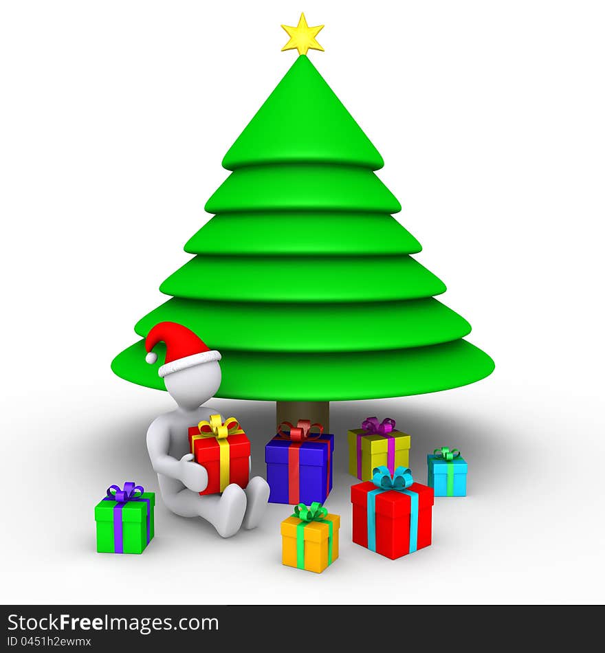 3d person sitting near a Christmas tree is about to open presents. 3d person sitting near a Christmas tree is about to open presents