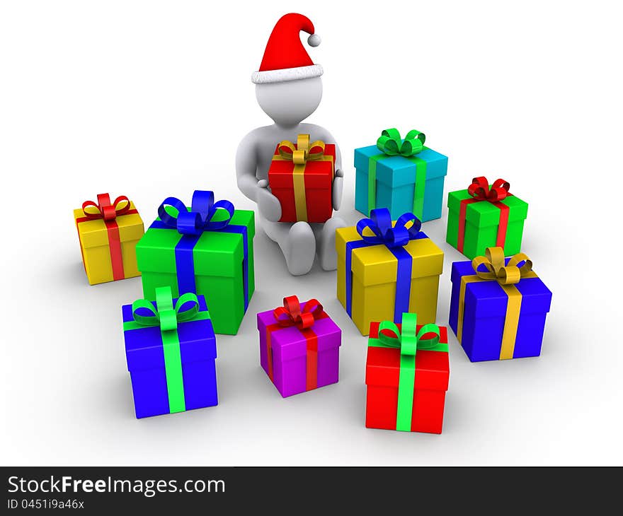 3d person holding a present is surrounded by other presents. 3d person holding a present is surrounded by other presents