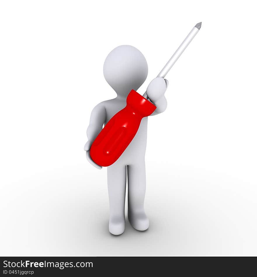 3d person holding a red screwdriver. 3d person holding a red screwdriver