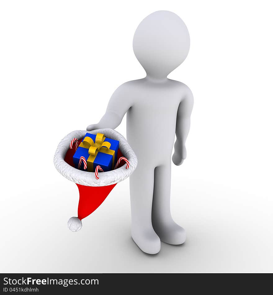 3d person showing hat with present and candies. 3d person showing hat with present and candies