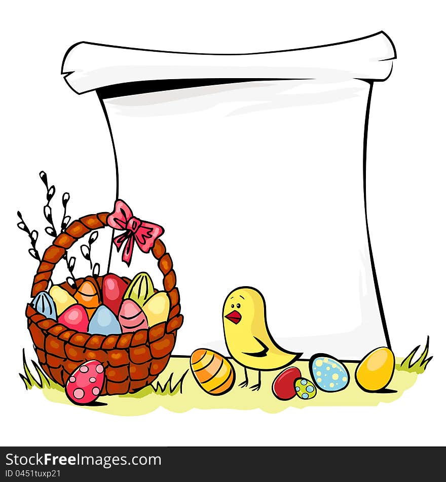 Colorful illustration of basket full of Easter eggs and chicken isolated on white. Colorful illustration of basket full of Easter eggs and chicken isolated on white.