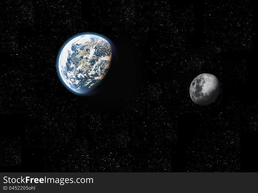 Scene earth and moon Executed in 3 D