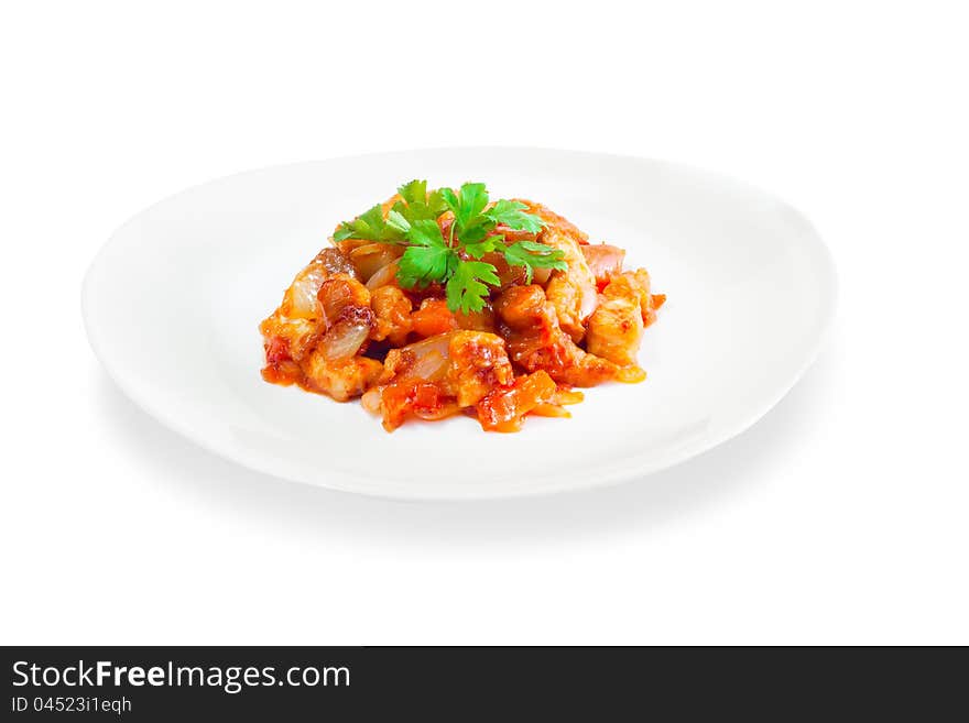 Stewed vegetables with meat on a white background