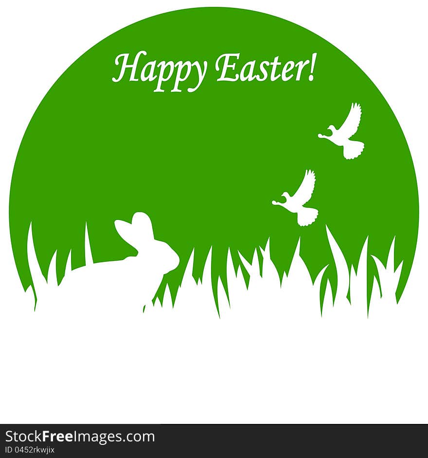 Congratulation green background to the Easter bunny as a silhouette on the grass. Congratulation green background to the Easter bunny as a silhouette on the grass