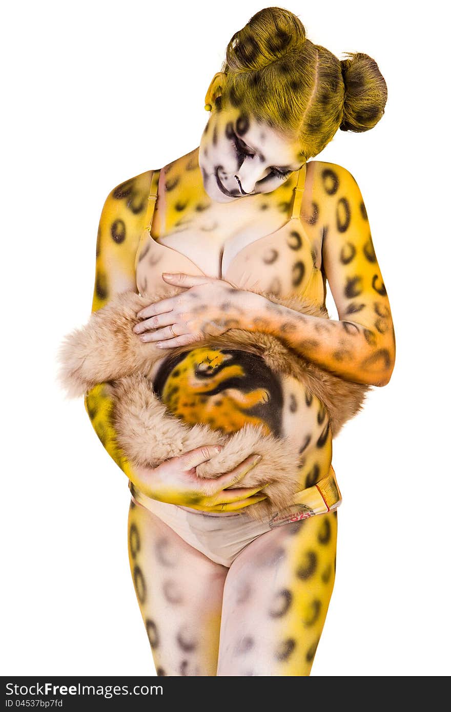 Pregnant woman with body-art as leopard over white background