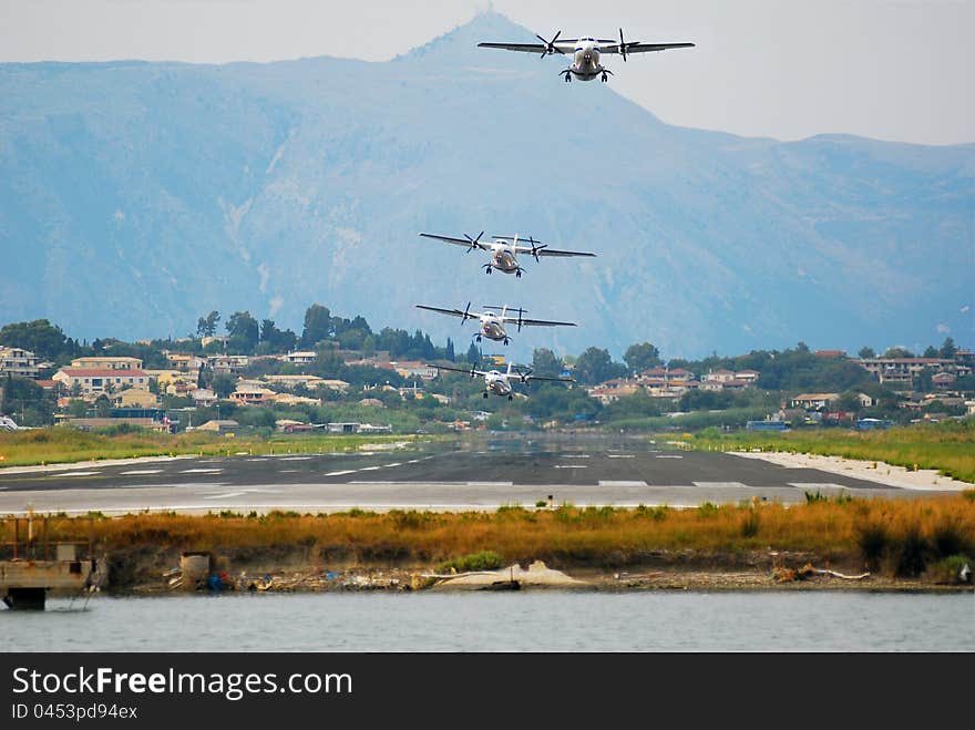 Composition of a Greek airplane  tacking off from Corfù airport