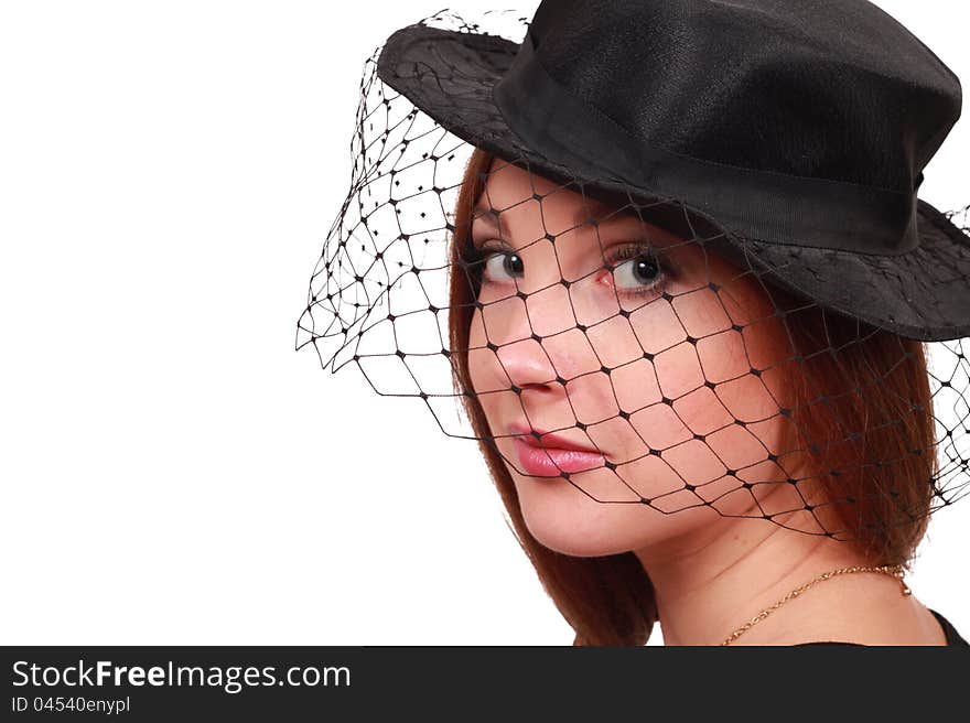 Elegant young woman with hat of black color over white background. Elegant young woman with hat of black color over white background