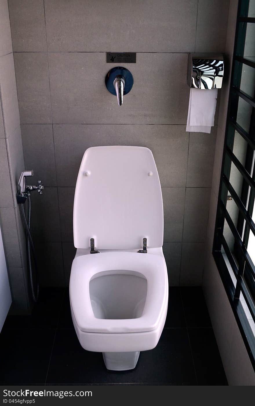 A white ceramic toilet bowl in lavatory. A white ceramic toilet bowl in lavatory