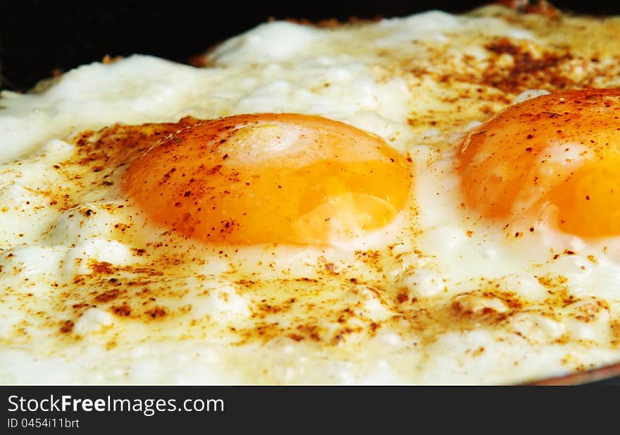 Closeup of fried eggs on pan