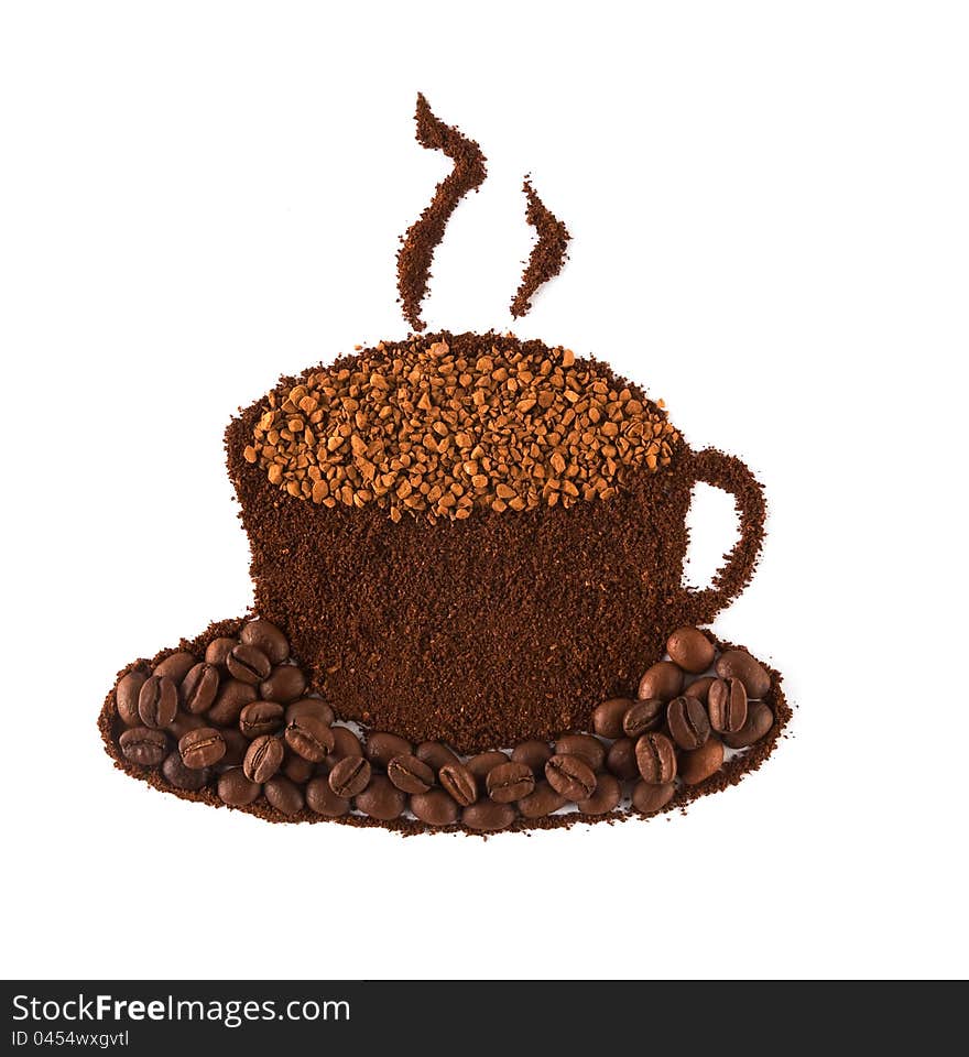 Cup of coffee made of grains of coffee and soluble granules