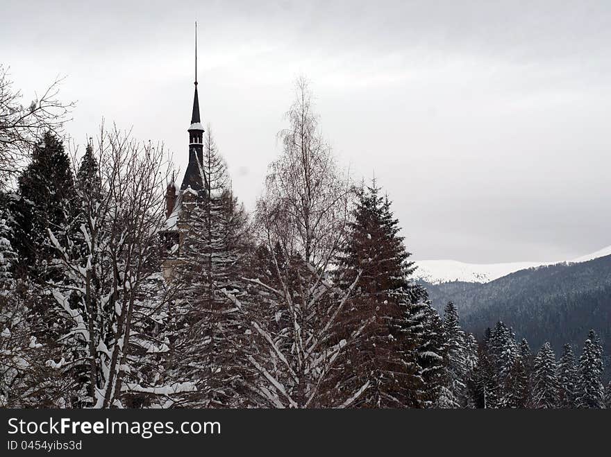 Peak of a mountain castle hidden by trees covered in snow. Peak of a mountain castle hidden by trees covered in snow