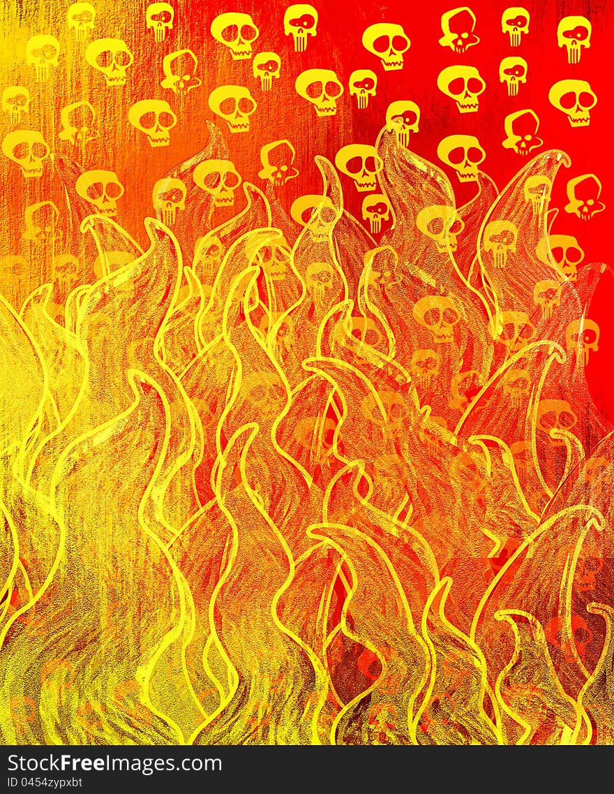 Yellow color skulls and fire Background on orange color creepy background. Yellow color skulls and fire Background on orange color creepy background