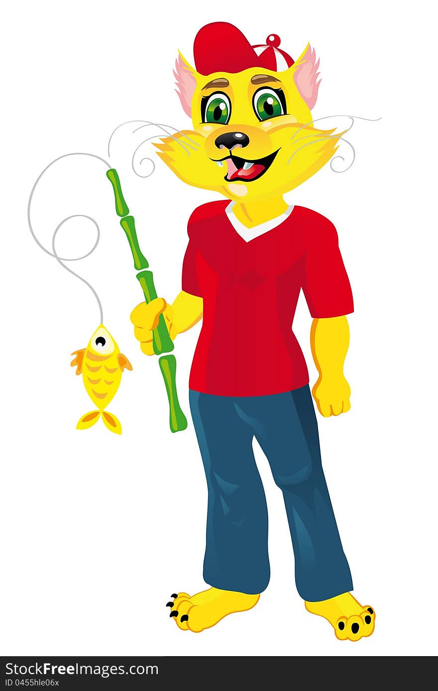 Cat fisherman with a fish on a white background,