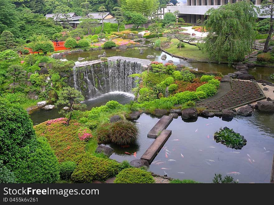 Overview of a beautiful garden in a hotel, Tokyo, Japan