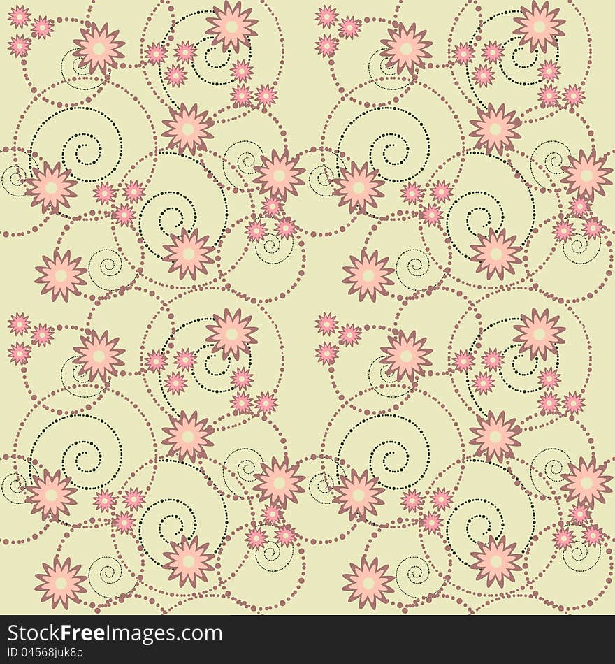 Seamless background with circles, flowers and spiral. Seamless background with circles, flowers and spiral