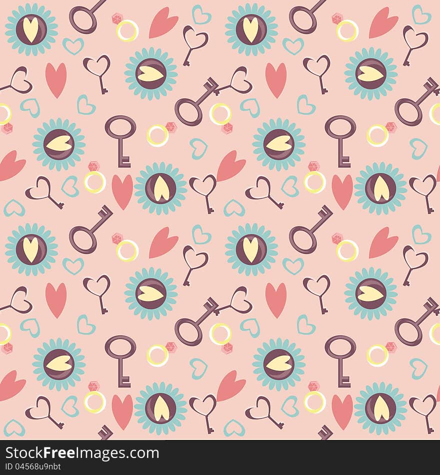 Beautiful seamless background with key, hearts and flower and ring. Beautiful seamless background with key, hearts and flower and ring