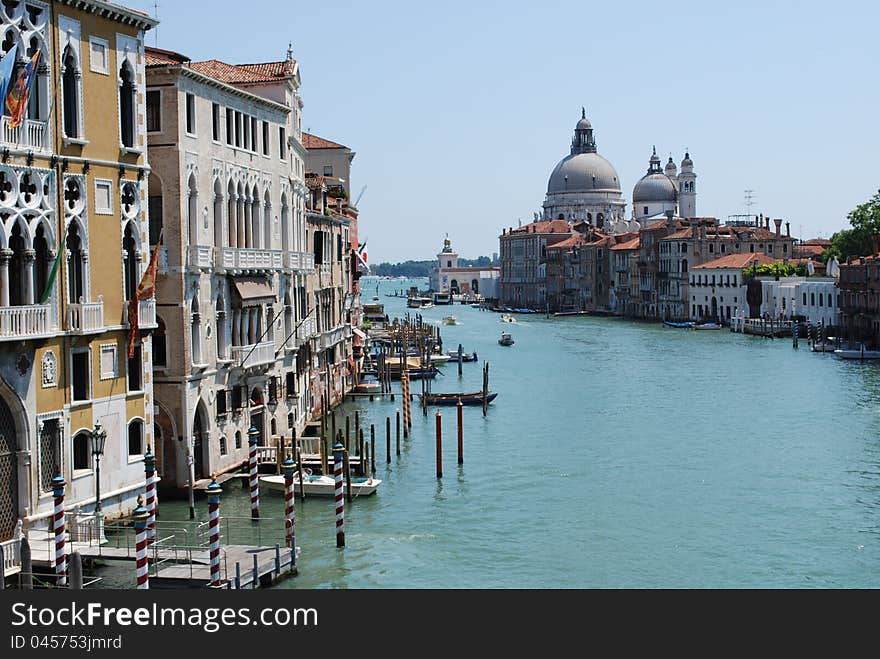 A view of the Grand Canal looking towards the Basillica di Santa Maria della Salute. A view of the Grand Canal looking towards the Basillica di Santa Maria della Salute