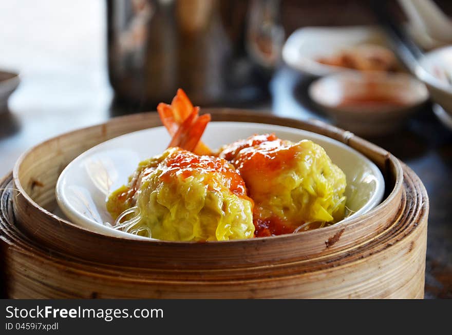 Steamed shrimp dumplings dim sum , cellophane noodle and delicious sauce. Steamed shrimp dumplings dim sum , cellophane noodle and delicious sauce