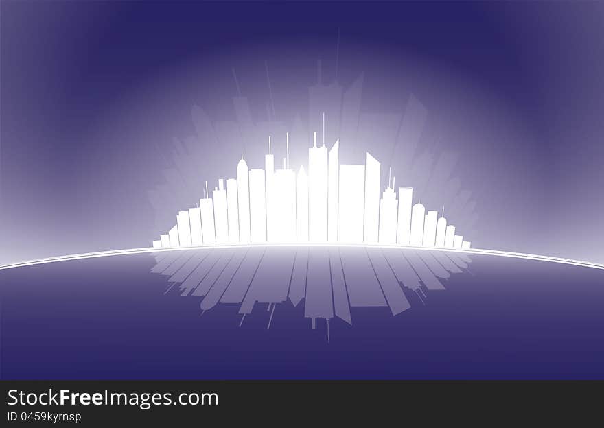 City high rise silhouette illustration glowing in white against dark blue background. AI EPS version 10. City high rise silhouette illustration glowing in white against dark blue background. AI EPS version 10.