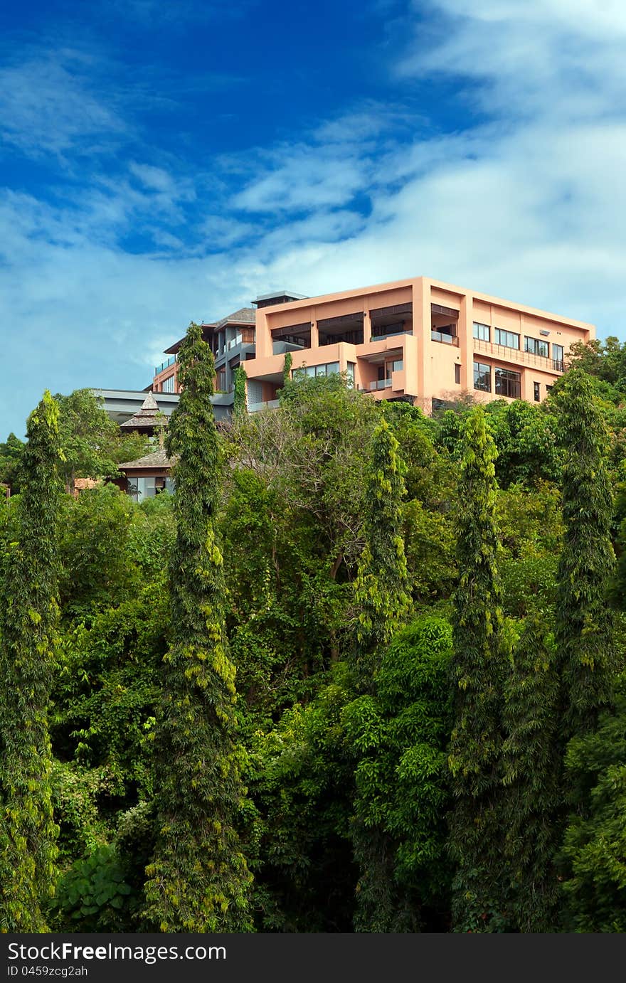 House in the rainforest in the sky with clouds