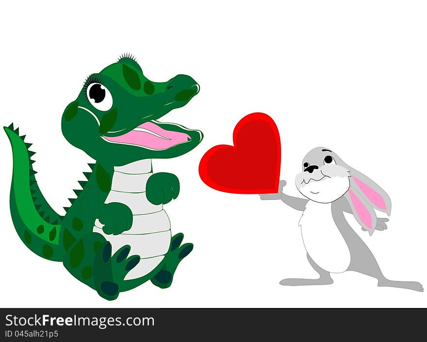 Floppy eared bunny gives baby alligator a heart for friendship. Floppy eared bunny gives baby alligator a heart for friendship.