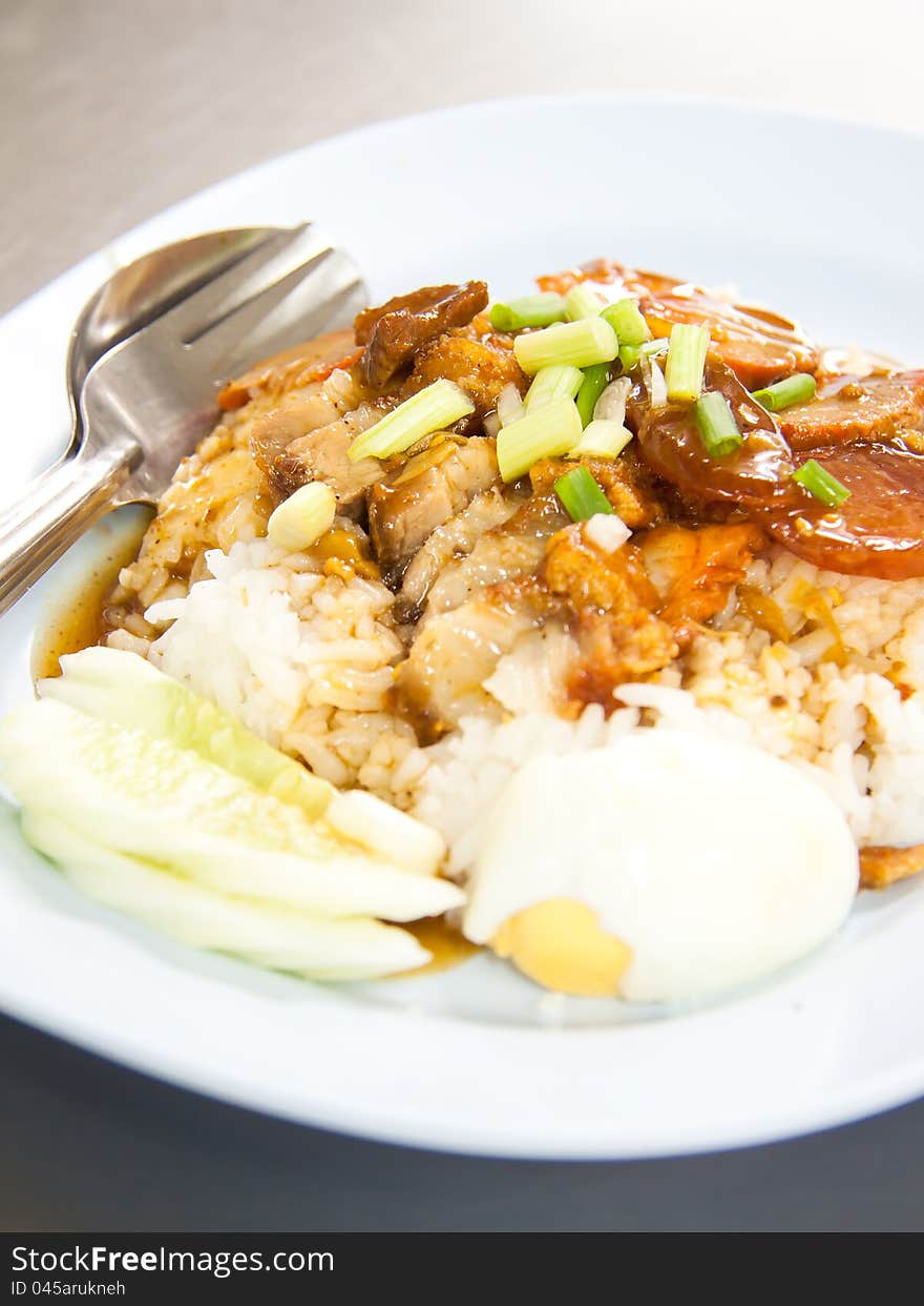 BBQ Pork and Crispy Pork with Rice. Closeup Useful as background for design-works (Thai food)