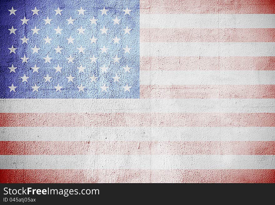 Shabby USA flag on a white wall. Hi res