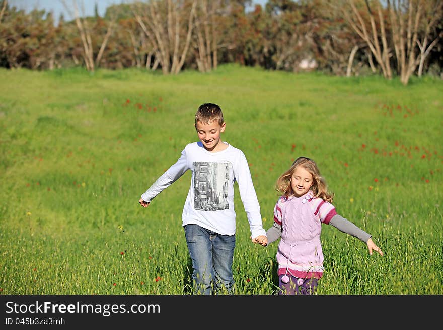 Brother and sister walking on nature in the summer