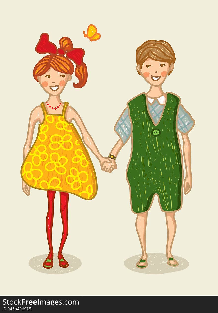 Birthday, Valentine Love Card. Boy and girl holding hand