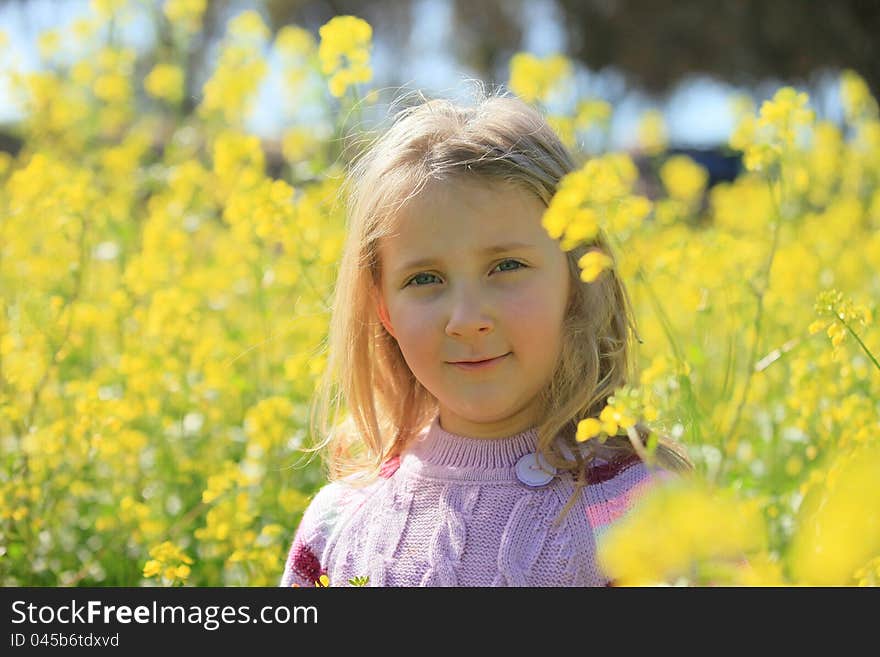 Portrait of a girl on a background of yellow flowers summer. Portrait of a girl on a background of yellow flowers summer